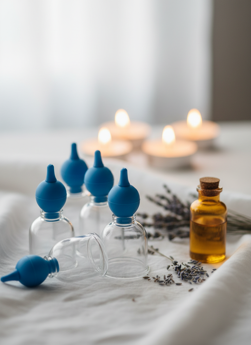 A serene, close-up photo of transparent glass cupping cups with a blue rubber pump bulb, arranged on soft white linen fabric. Warm candlelight in the background, a small bottle of massage oil nearby, dried lavender flowers scattered around. Calm, holistic wellness atmosphere. Soft natural light, shallow depth of field, dreamy and soothing mood.