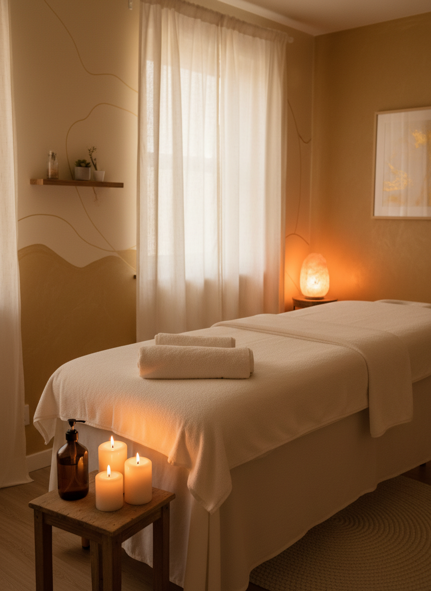 A serene holistic therapy room with a massage/treatment table covered with soft white linen, neatly folded white and cream towels, warm candlelight, a small bottle of massage oil nearby. Calm and soothing atmosphere, warm gold and cream tones, dreamy wellness mood. Portrait orientation.
