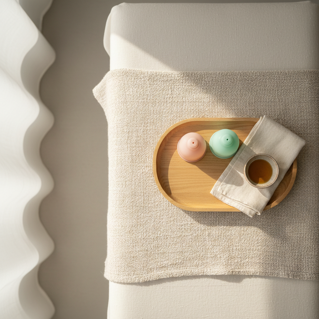 A serene, photographic overhead view of a minimalist treatment setting for holistic cupping without any people. A plush, cream-colored massage table is covered with a textured, oat-toned blanket, and at the center sits a small wooden tray holding two translucent silicone cups in soft blush and seafoam green. Beside them are a feather-light cotton cloth and a tiny ceramic bowl with warm oil. Diffused afternoon light from an unseen window washes over the scene, softening all edges and casting almost no harsh shadows. The composition follows the rule of thirds, with plenty of negative space to one side, creating an airy, calm, and inviting atmosphere that feels gentle, nurturing, and far from clinical.