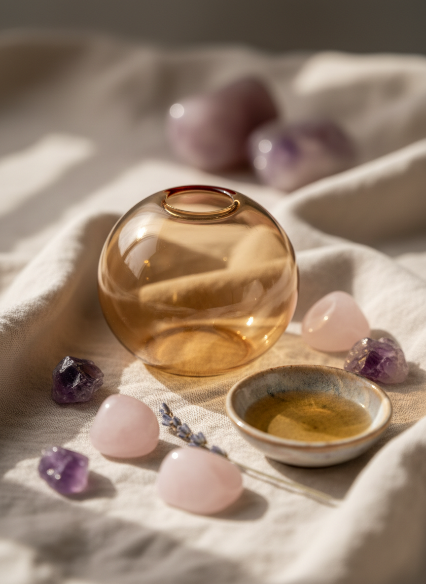 A close-up, photographic image of a warm amber glass cupping bowl resting gently on soft, sand-colored linen, symbolizing a holistic cupping treatment without showing skin. Around it lie smooth rose quartz and amethyst stones, a sprig of dried lavender, and a tiny ceramic dish with golden massage oil. Soft morning light filters in from the left, creating delicate reflections in the glass and gentle shadows on the fabric. The composition is centered with a shallow depth of field, leaving the background as a dreamy blur of neutral pastels. The mood is deeply relaxing, playful yet serene, conveying gentle touch, body awareness, and space to release tension in a non-clinical, cozy setting.