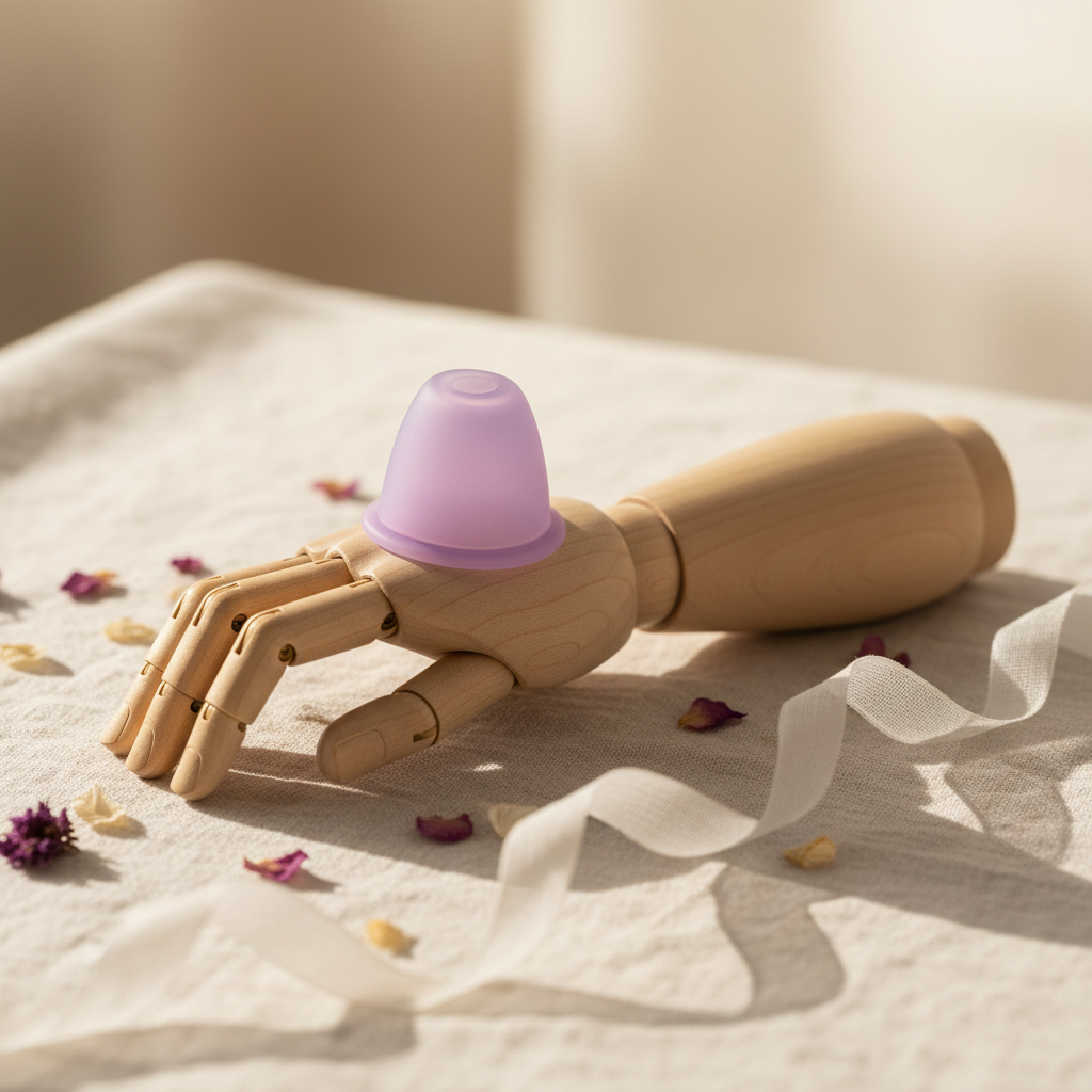 A detailed, photographic close-up of a holistic cupping moment expressed symbolically without showing a body. A smooth wooden mannequin arm lies on a pale linen cloth, and a single soft silicone cup in a gentle lavender hue rests lightly on its surface, suggesting gentle touch and awareness. Around it are scattered tiny dried flower petals and a softly rolled gauze ribbon. Natural window light from the right creates a calm, diffused glow, highlighting the cup’s translucent texture and the wood grain while casting feathery shadows. Shot with a shallow depth of field, the cup and mannequin arm are in crisp focus, with the background melting into creamy bokeh. The scene feels playful, safe, and soothing rather than clinical or intense.