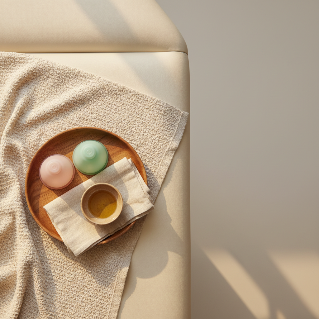A serene, photographic overhead view of a minimalist treatment setting for holistic cupping without any people. A plush, cream-colored massage table is covered with a textured, oat-toned blanket, and at the center sits a small wooden tray holding two translucent silicone cups in soft blush and seafoam green. Beside them are a feather-light cotton cloth and a tiny ceramic bowl with warm oil. Diffused afternoon light from an unseen window washes over the scene, softening all edges and casting almost no harsh shadows. The composition follows the rule of thirds, with plenty of negative space to one side, creating an airy, calm, and inviting atmosphere that feels gentle, nurturing, and far from clinical.