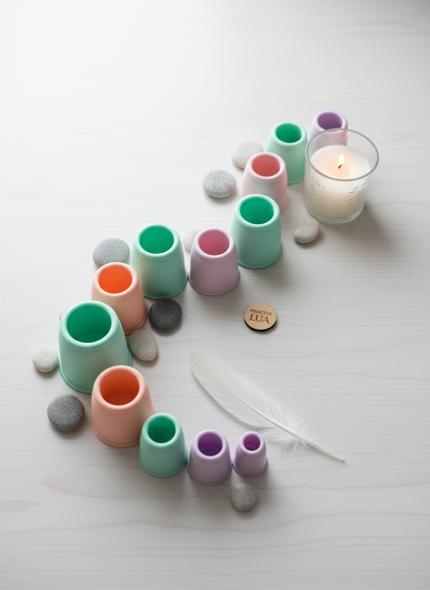 A playful, photographic still life representing the flow and release of tension through holistic cupping. A curved line of pastel silicone cups in varying sizes—mint, peach, and lilac—meanders across a smooth, pale wooden surface, like a gentle wave. Between them are small polished stones, a tiny candle in frosted glass, and a single feather, symbolizing lightness. Soft overcast daylight from above and slightly to the left creates an even, velvety illumination with barely-there shadows. Captured from a slightly elevated angle, the composition emphasizes curves and negative space, evoking movement, softness, and spaciousness in the body. The mood is dreamy, relaxing, and subtly whimsical, perfect for a welcoming, non-clinical holistic cupping practice like Praktijk Lua.