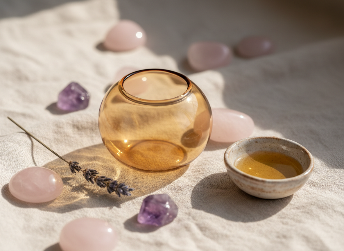 A close-up, photographic image of a warm amber glass cupping bowl resting gently on soft, sand-colored linen, symbolizing a holistic cupping treatment without showing skin. Around it lie smooth rose quartz and amethyst stones, a sprig of dried lavender, and a tiny ceramic dish with golden massage oil. Soft morning light filters in from the left, creating delicate reflections in the glass and gentle shadows on the fabric. The composition is centered with a shallow depth of field, leaving the background as a dreamy blur of neutral pastels. The mood is deeply relaxing, playful yet serene, conveying gentle touch, body awareness, and space to release tension in a non-clinical, cozy setting.