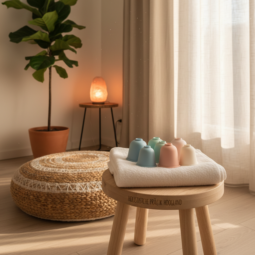 A cozy, photographic corner of a holistic practice room in Hoogland, styled without people, focusing on body awareness and relaxation. In the foreground, a low wooden stool supports a neatly arranged set of pastel-colored silicone cupping tools nestled on a folded, cloud-soft white towel. Behind them, a woven floor cushion, a tall leafy plant, and a softly glowing salt lamp create layers of texture. Warm golden-hour sunlight enters through sheer curtains, scattering a gentle glow that kisses the cups and wood. Captured at eye level with a slight angle, the composition leads the eye from foreground to background, evoking a playful yet tranquil studio where tension can melt away in a nurturing, non-medical environment.