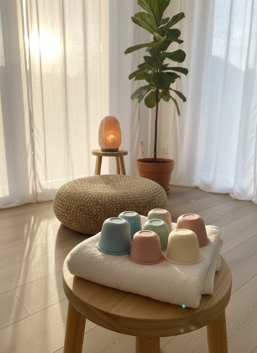 A cozy, photographic corner of a holistic practice room in Hoogland, styled without people, focusing on body awareness and relaxation. In the foreground, a low wooden stool supports a neatly arranged set of pastel-colored silicone cupping tools nestled on a folded, cloud-soft white towel. Behind them, a woven floor cushion, a tall leafy plant, and a softly glowing salt lamp create layers of texture. Warm golden-hour sunlight enters through sheer curtains, scattering a gentle glow that kisses the cups and wood. Captured at eye level with a slight angle, the composition leads the eye from foreground to background, evoking a playful yet tranquil studio where tension can melt away in a nurturing, non-medical environment.