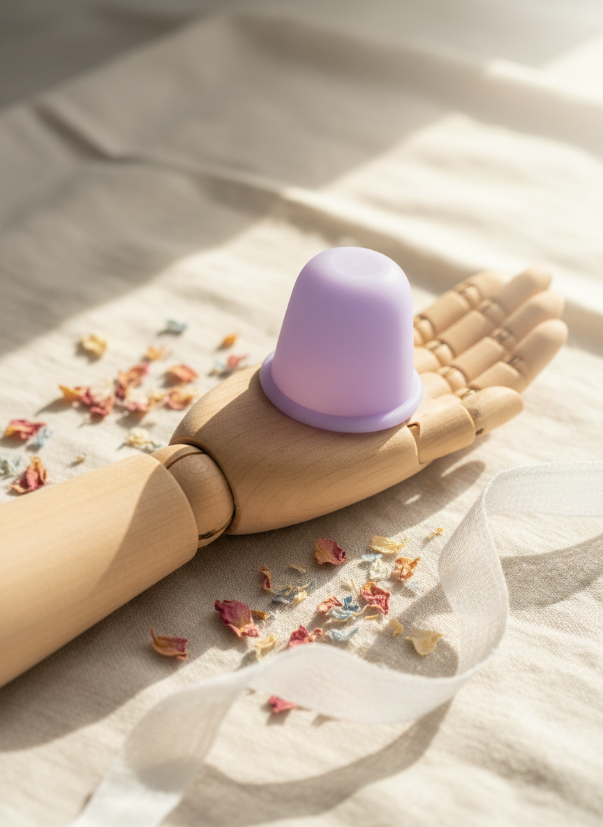 A detailed, photographic close-up of a holistic cupping moment expressed symbolically without showing a body. A smooth wooden mannequin arm lies on a pale linen cloth, and a single soft silicone cup in a gentle lavender hue rests lightly on its surface, suggesting gentle touch and awareness. Around it are scattered tiny dried flower petals and a softly rolled gauze ribbon. Natural window light from the right creates a calm, diffused glow, highlighting the cup’s translucent texture and the wood grain while casting feathery shadows. Shot with a shallow depth of field, the cup and mannequin arm are in crisp focus, with the background melting into creamy bokeh. The scene feels playful, safe, and soothing rather than clinical or intense.